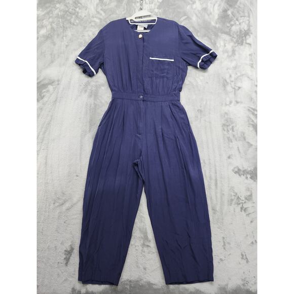 Vintage 90s Carol Anderson Jumpsuit Womens 13/14 Blue Capri Boilersuit Pockets - Picture 1 of 12